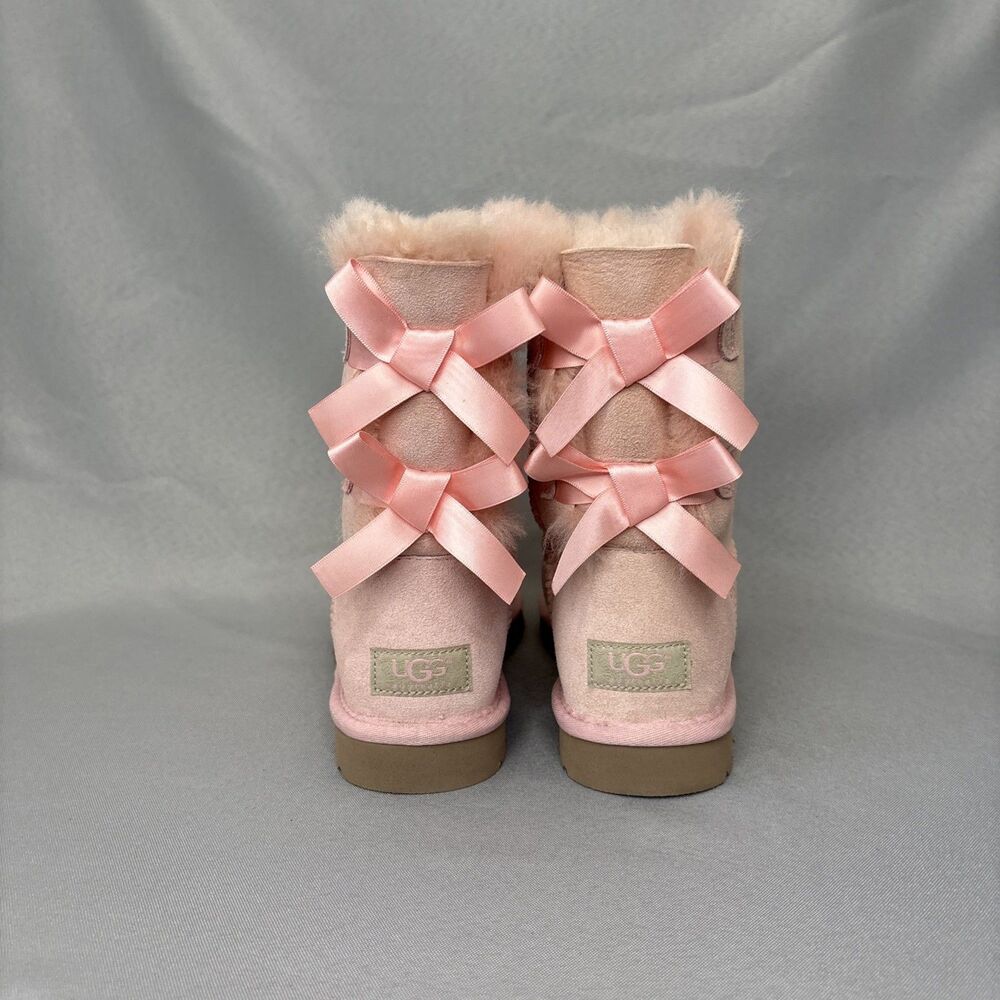 Womens UGG Boots Bailey Bow Pink EPRM Sz6 Suede Wool Coquette Festival VERY RARE - Picture 10 of 13